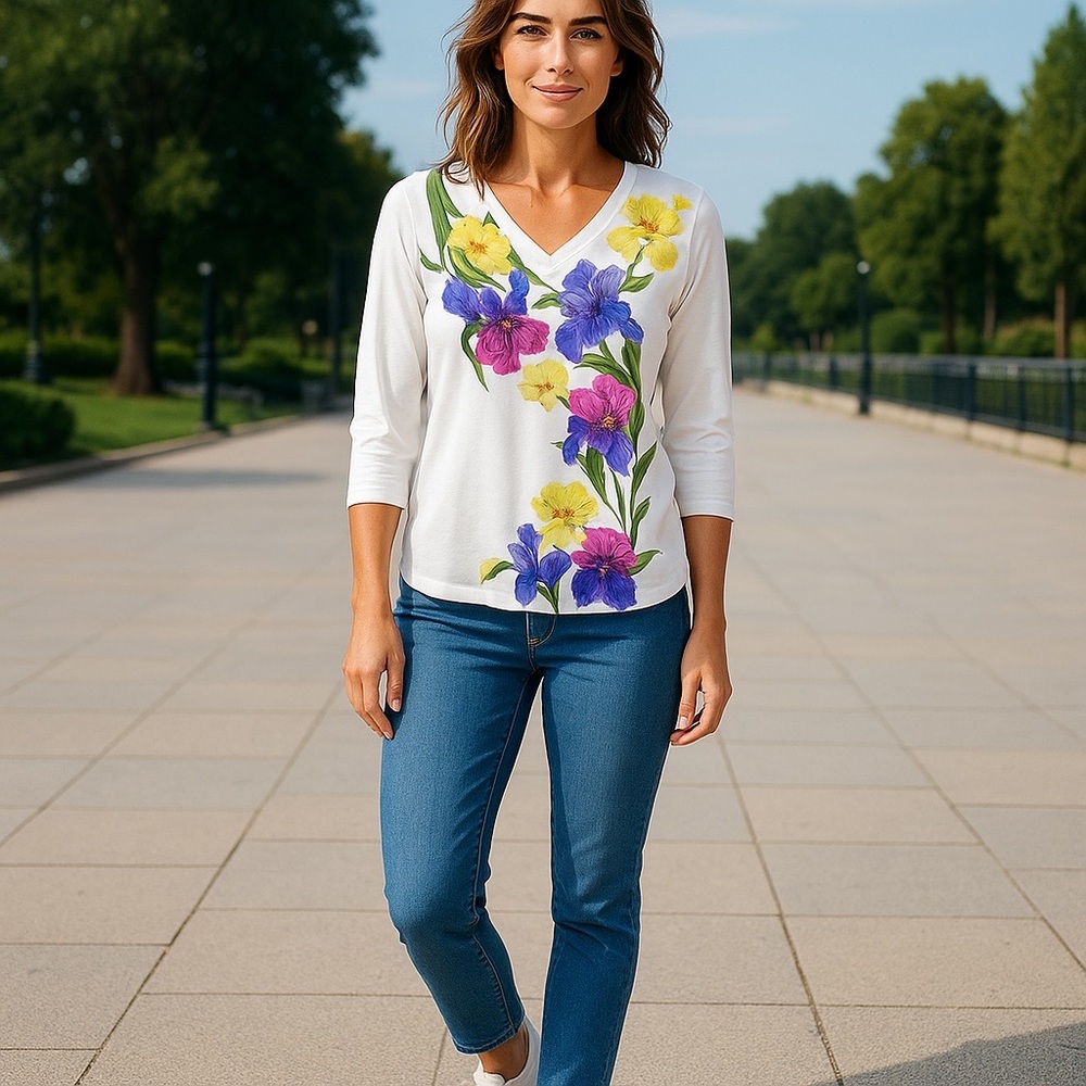 Chico's White Floral V-Neck Top with Yellow, Purple, Pink Accents